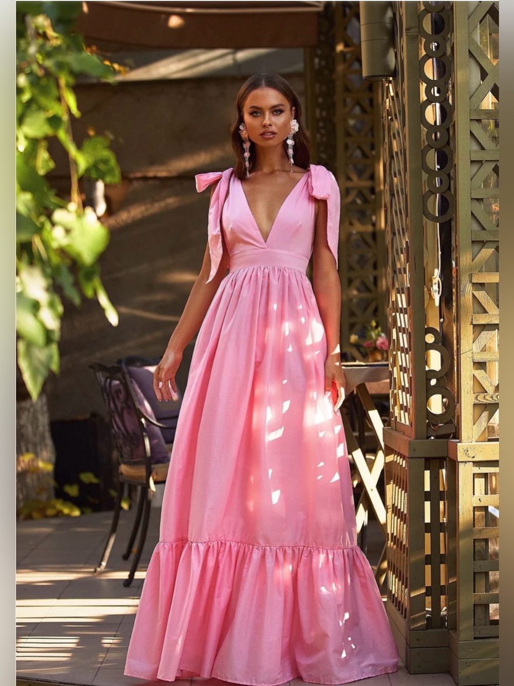 Alamour The Label Cellina Pink Maxi Dress Bow Strap Open Back Size M